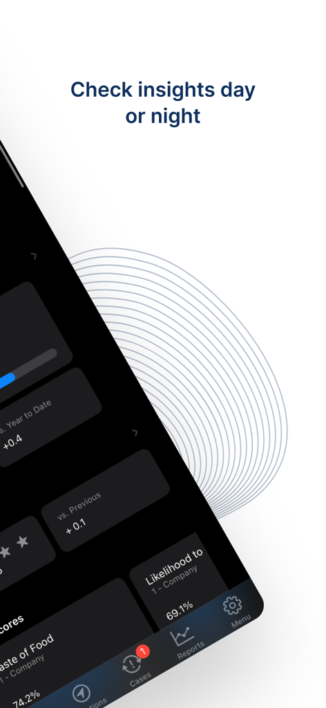 smg360 mobile app interface displaying real time business insights and customer experience metrics in dark mode