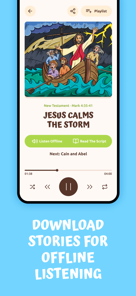 Bible Stories For Kids! - Bible Stories For Kids app interface showing the Jesus calms the storm story with an offline listening feature