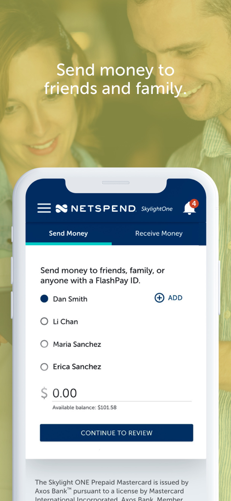 Send money interface in the Netspend Skylight ONE mobile app