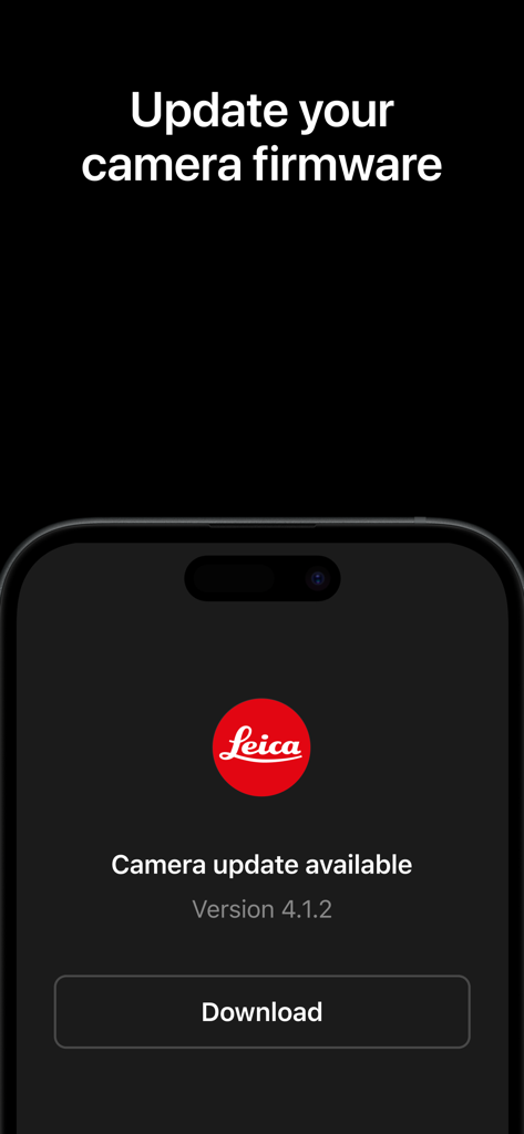 Leica FOTOS app screen showing a camera firmware update notification with a download button.