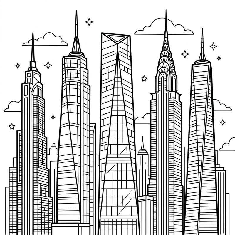 Embark on an exciting urban adventure with our megatall skyscrapers coloring page, perfectly designed for young artists aged 4-8. Kids will love bringing these magnificent city giants to life with their colorful imagination.
