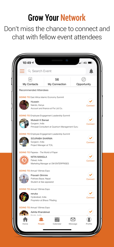 10times - Find Event & Network - 10times app interface showing a list of recommended attendees for professional networking at business events