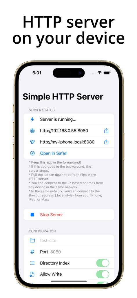 Simple Server: HTTP Server - Écran d'iPhone montrant l'application Simple HTTP Server avec un serveur actif et l'adresse du réseau local