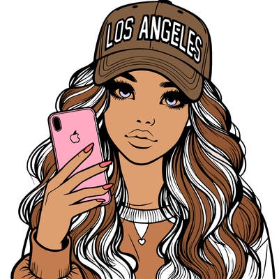 realistic beautiful girl wearing los ángeles cap holding an iphone