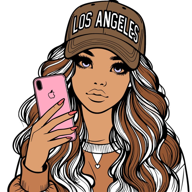 realistic beautiful girl wearing los ángeles cap holding an iphone