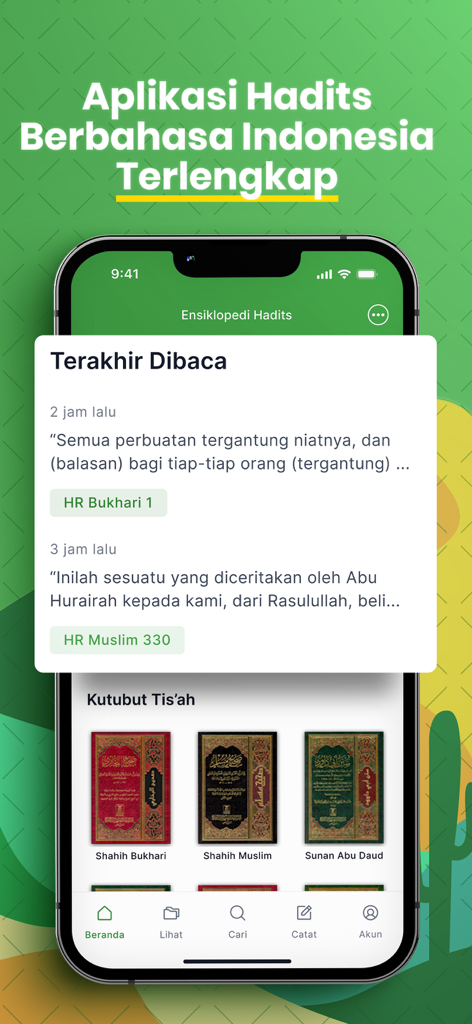 Mobile interface of the Hadith Encyclopedia app in Indonesian showing the Nine Books of Hadith