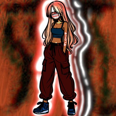 girl in baggy pants crop top and long hair