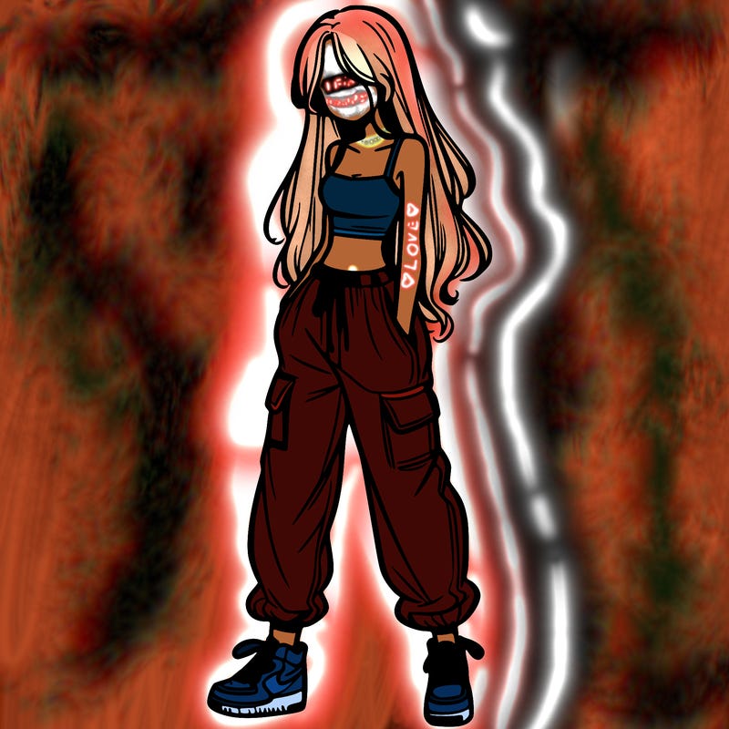 girl in baggy pants crop top and long hair