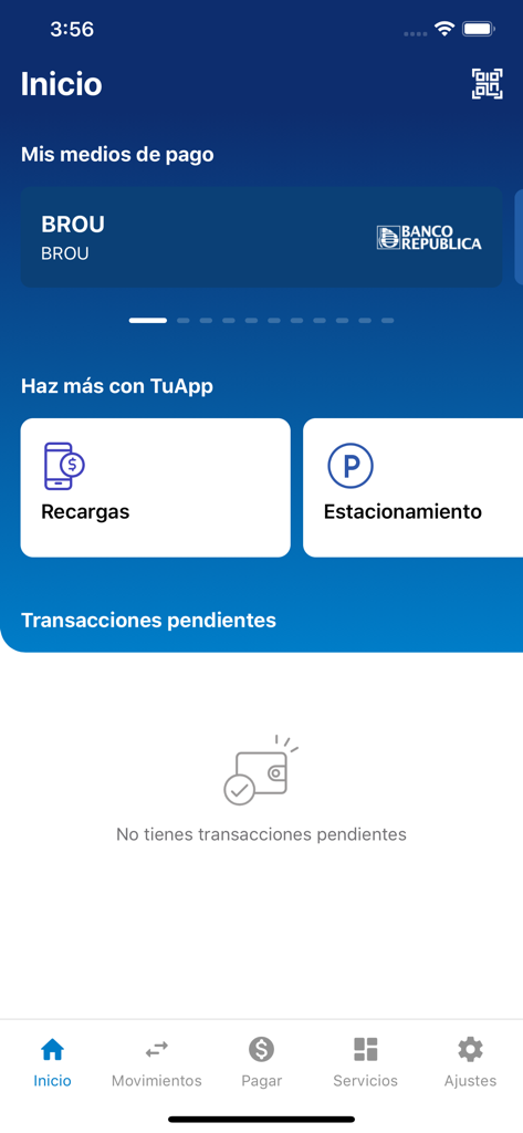 Tuapp Billetera Electronica - Home screen of the Tuapp digital wallet showing a BROU bank payment method and options for mobile top ups and parking
