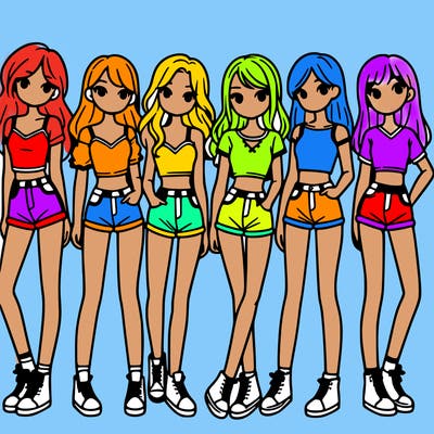 a group of girls wearing crop tops and shorts