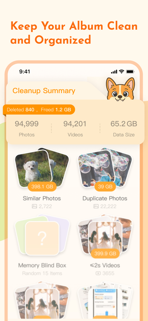 Photo Deleter: Photo Cleaner - Una pantalla de aplicación móvil que muestra un resumen de limpieza para la galería de un iPhone con categorías de fotos similares y videos duplicados para liberar espacio de almacenamiento.
