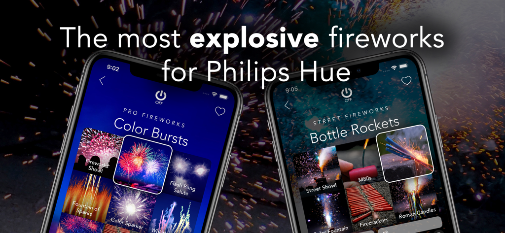 Two iPhones displaying the OnSwitch app featuring firework lighting scenes for Philips Hue smart bulbs.