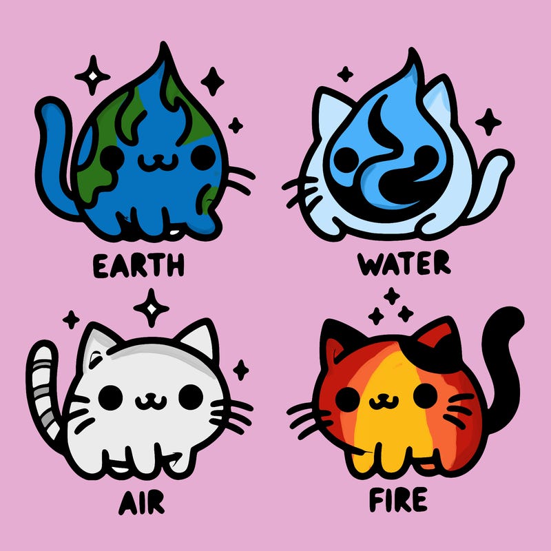 4 cats that represent the different elements, earth, water, air, and fire