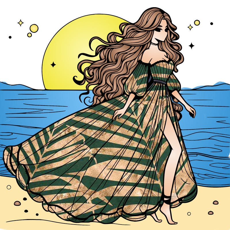 beautiful woman with a vaporous long dress walking on the beach at the noon, detailed art