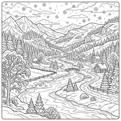 Dive into the serene beauty of a winter river valley with this captivating coloring page. Featuring snow-laden landscapes and cozy village details, it promises hours of relaxing creative fun for all ages.