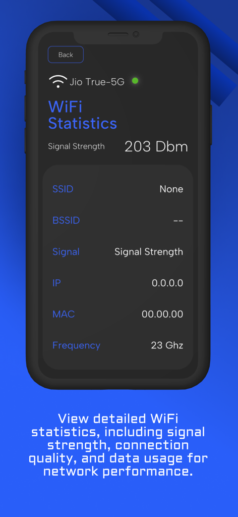 Free WiFi Password: WiFi Tool - Mobile app screen displaying detailed WiFi statistics including signal strength and frequency details.