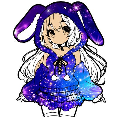 pretty anime girl wearing a fluffy hoodie with bunny ears on the hood and a skirt