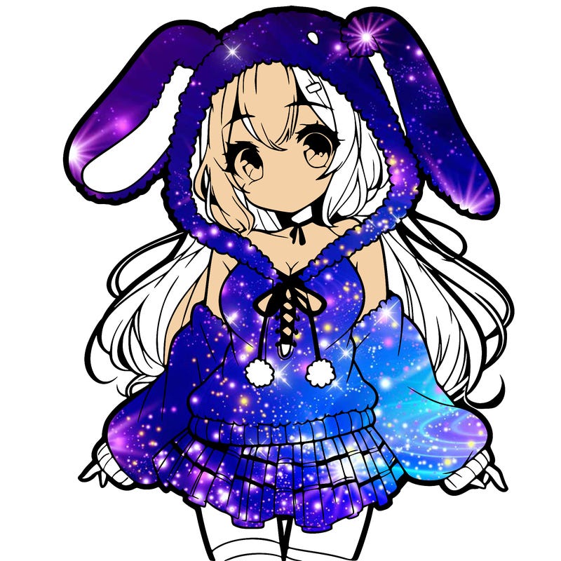 pretty anime girl wearing a fluffy hoodie with bunny ears on the hood and a skirt