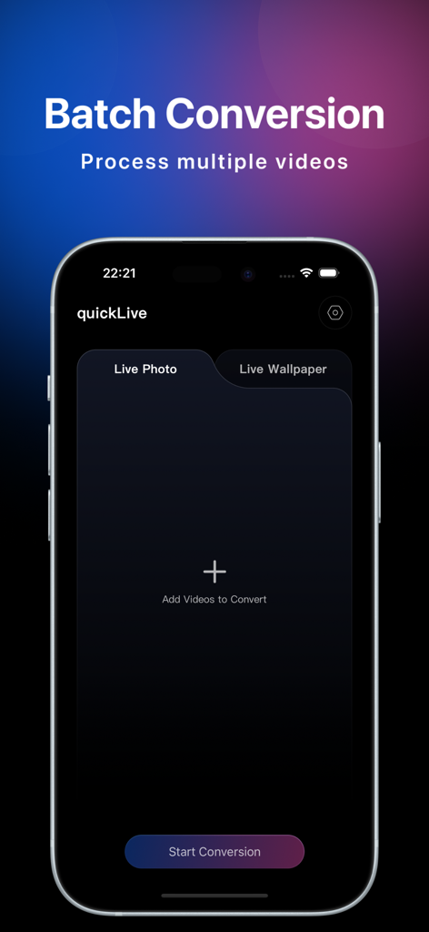 quickLive-Video2Live Wallpaper - Interfaz de la aplicación quickLive mostrando la función de conversión por lotes para procesar múltiples videos en fotos en vivo.