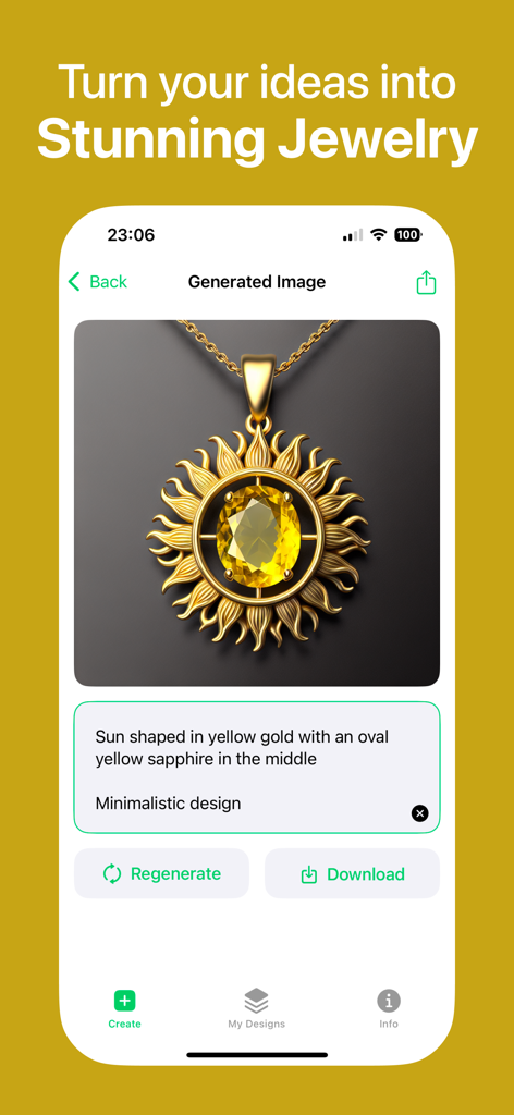 A mobile app interface displaying an AI-generated yellow gold sun-shaped pendant with a yellow sapphire gemstone.