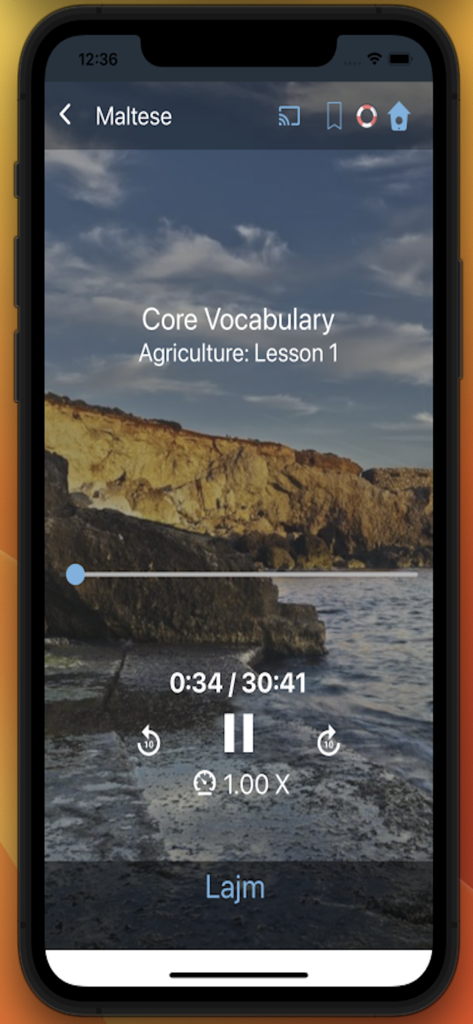Bluebird: Learn Maltese - Audio lesson interface for Maltese language learning showing agriculture core vocabulary