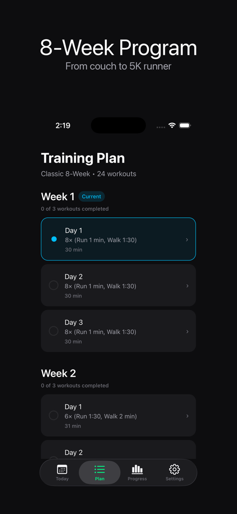 Interfaz de la app Empieza a Correr mostrando el calendario del plan de entrenamiento de 8 semanas y los entrenamientos diarios.