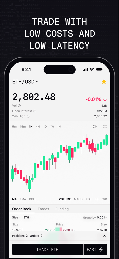 Lighter Mobile - Lighter Mobile trading interface displaying an ETH USD candlestick chart and order book