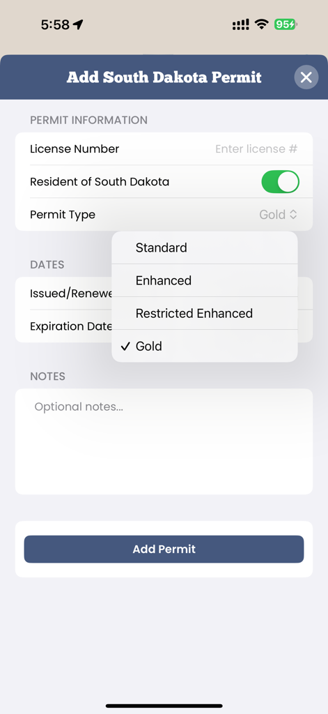 Interface for adding a South Dakota permit with different permit types in the CCWCalc app