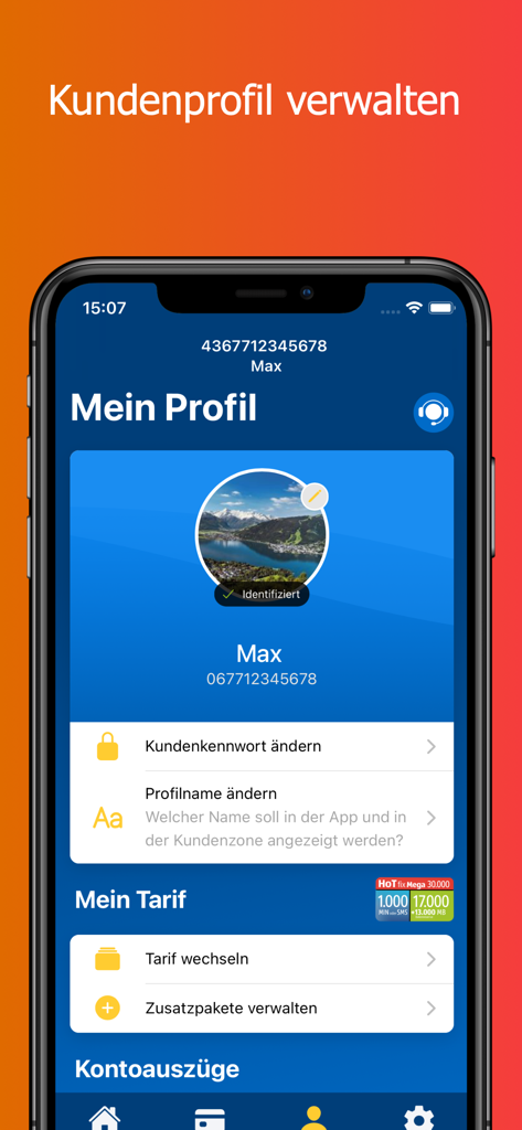 Mein HoT app customer profile and tariff management screen
