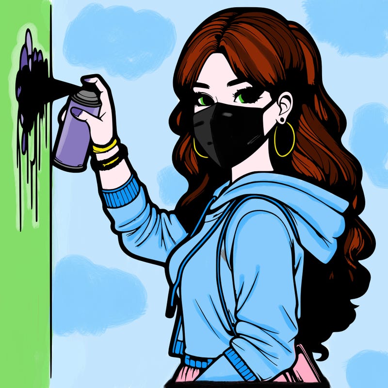 realistic girl with mask spray painting a wall