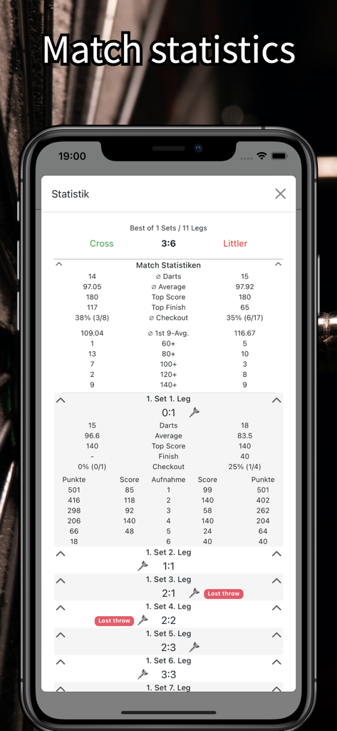 Dartspiel-Statistikbildschirm mit detaillierten Spielerleistungsdaten