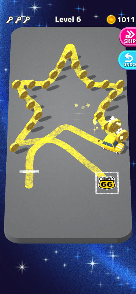 Park Master - Une voiture jaune suivant un chemin en forme d'étoile de pièces dans le jeu mobile Park Master.