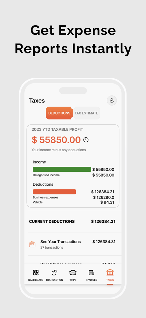 Mobile app interface displaying 2023 YTD taxable profit and business expense deductions for self-employed professionals.