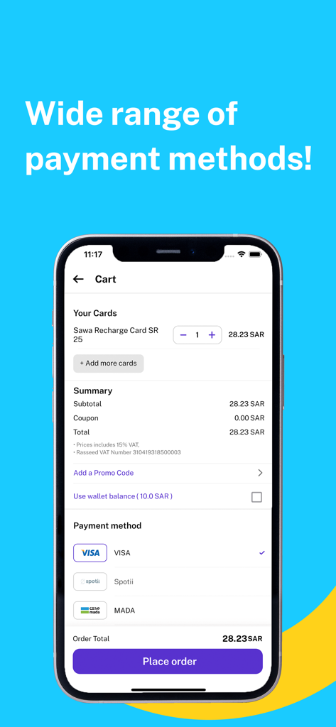 Rasseed App-Checkout-Bildschirm zeigt verschiedene Zahlungsoptionen, einschließlich VISA, Spotii und MADA.