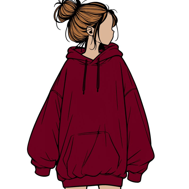 realistic girl with a oversized sweatshirt on and a bun