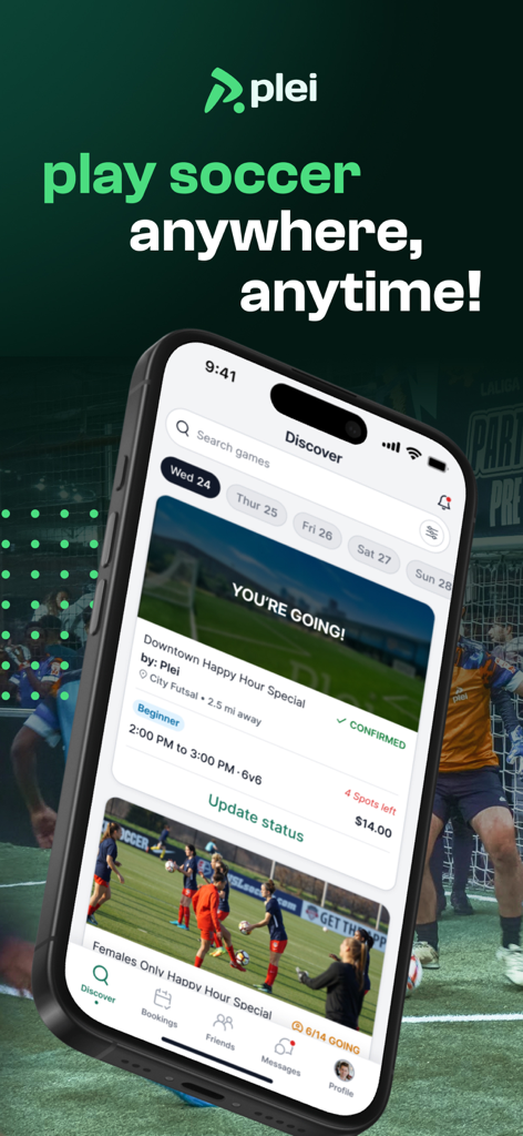 Plei | Pick Up Soccer - Interfaz de la aplicación Plei que muestra partidos de fútbol improvisado disponibles para reservar