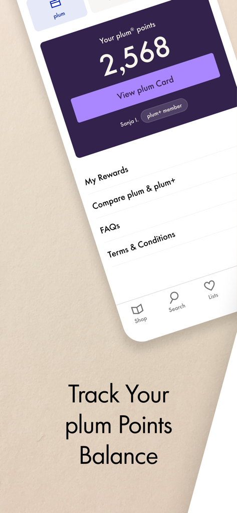 Indigo - Indigo app interface showing plum rewards points balance and plum plus membership status