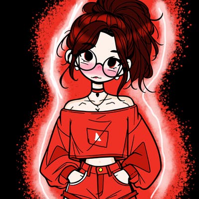 girl with a messy ponytail glasses a baggy crop top and jean shorts