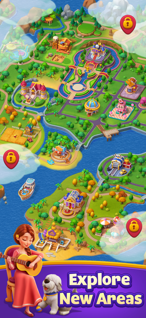 A vibrant world map from Piggy Kingdom showing colorful islands and buildings with a girl playing guitar and a dog.