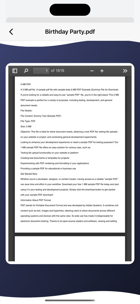 PDF Scanner Converter & Editor - Ein Handy-Bildschirm zeigt ein PDF-Dokument mit dem Titel Geburtstagsfeier, das in der PDF-Scanner- und Editor-App angezeigt wird