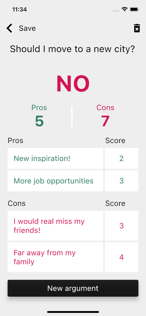 Pros & cons lists - Tela de resultado da decisão no aplicativo Listas de Prós e Contras mostrando argumentos ponderados para se mudar para uma nova cidade.