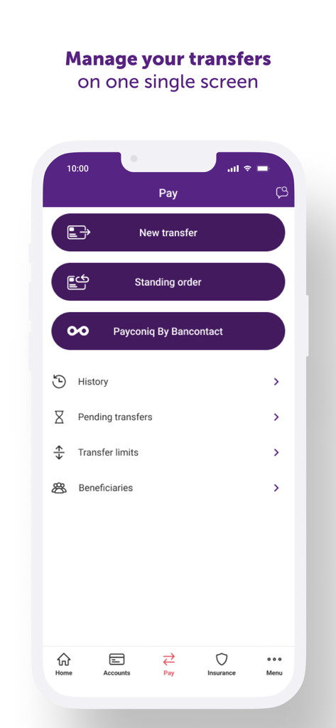 Beobank Mobile app interface showing payment options and transfer management screen