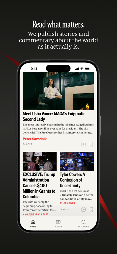 The Free Press - 주요 심층 조사 저널리즘과 뉴스 헤드라인을 보여주는 The Free Press 모바일 앱 홈 화면.