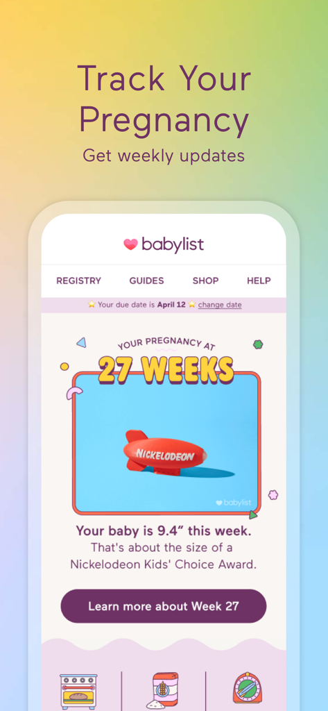 Babylist Baby Registry - Babylist app interface showing a weekly pregnancy tracker for week 27 with a baby size comparison.