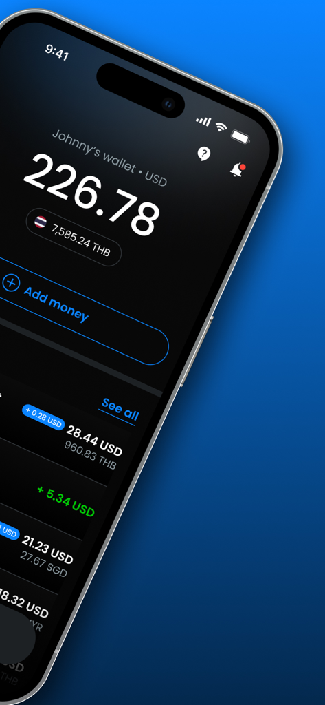 Moreta Pay - Moreta Pay mobile App-Oberfläche mit einem digitalen Wallet-Guthaben in USD und THB mit aktuellen Transaktionen