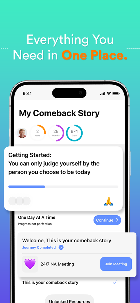 Sober SideKick: Quit Addiction - Sober Sidekick mobile app showing a sobriety counter and 24/7 recovery meeting button.