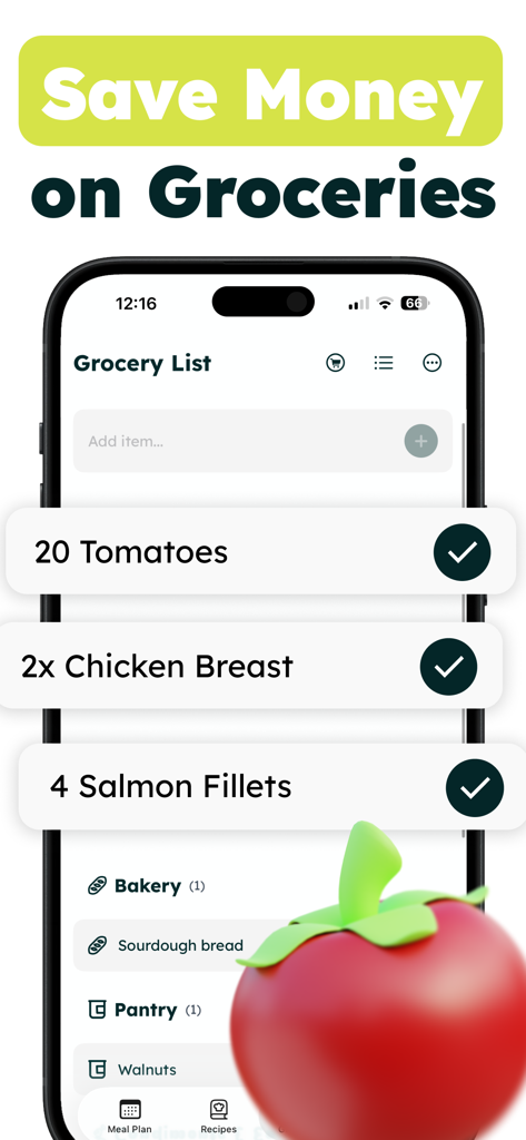 MealJar: Meal Planner - MealJarアプリの買い物リスト画面には、お金を節約するためのアイテムとカテゴリが表示されています