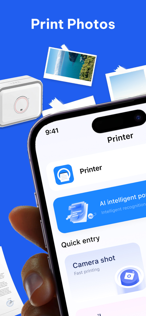 Printer Mini - Smartphone screen displaying the Printer Mini app with options for photo printing and AI features.