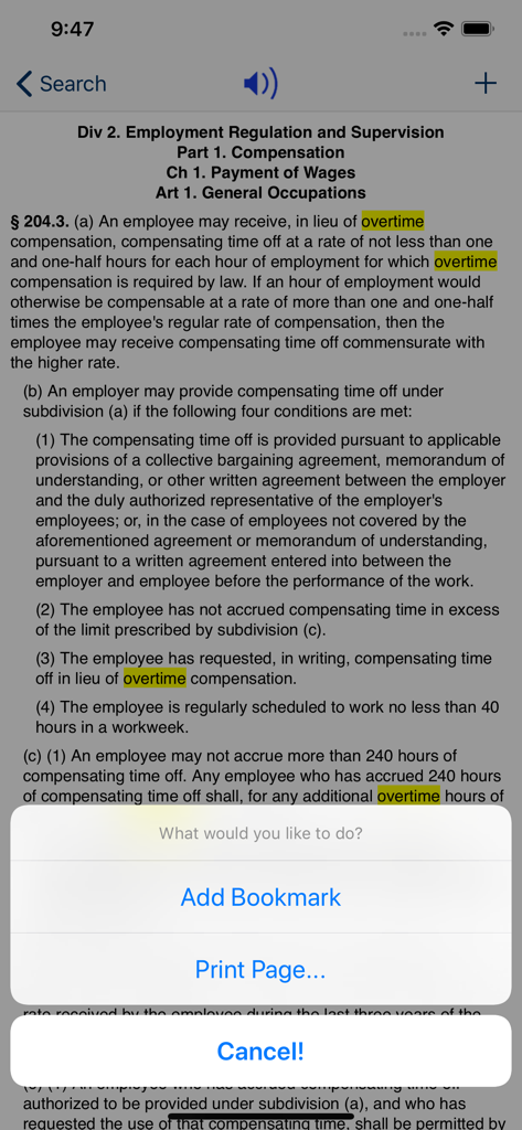 CA Labor Code 2026 - Interface of the California Labor Code app showing legal sections with bookmark and print options