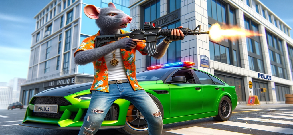 Rat Simulator: City Mafia - An anthropomorphic rat firing an assault rifle in front of a green police car